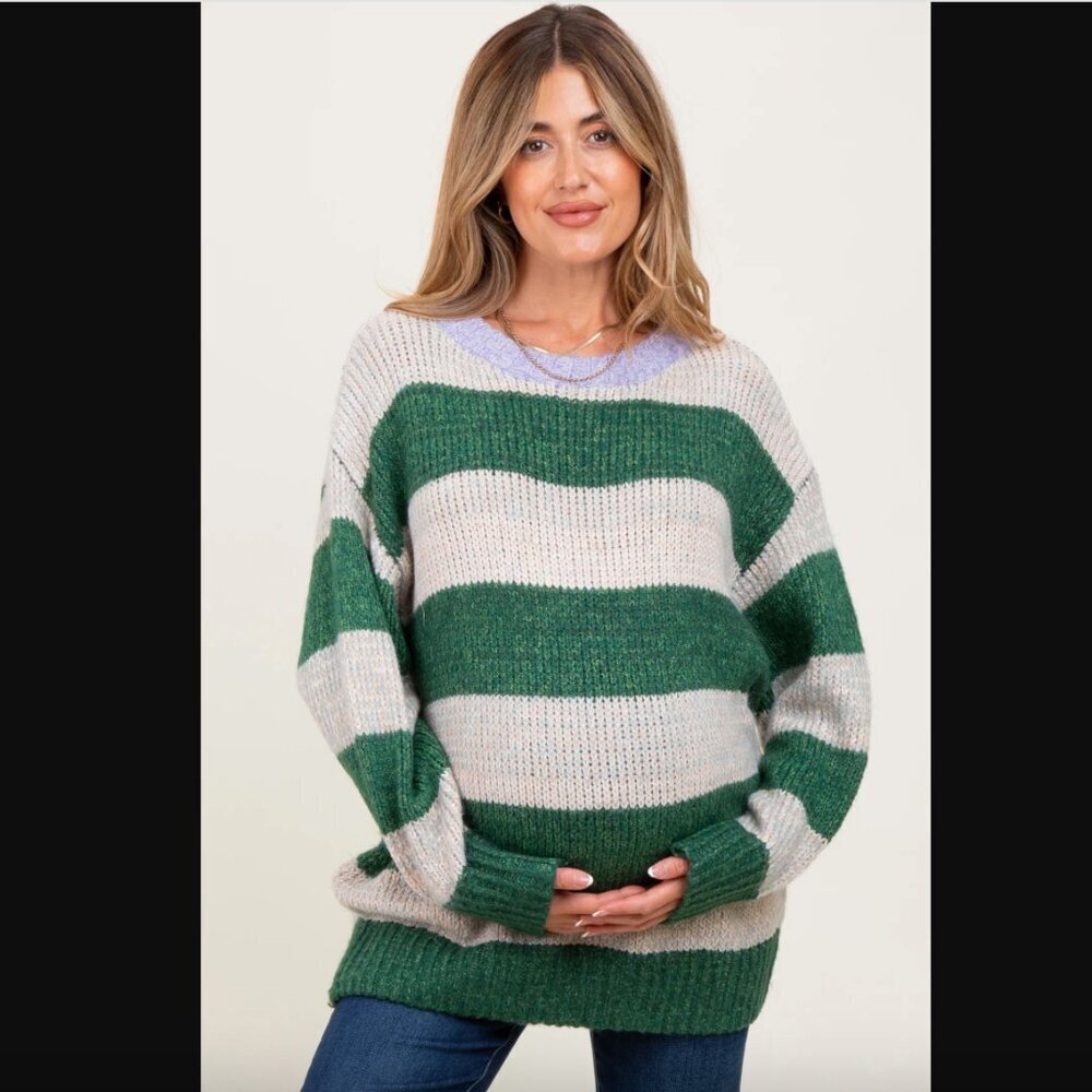 Pinkblush Aemi + Co Green Wide Stripe Chunky Knit Maternity Sweater S